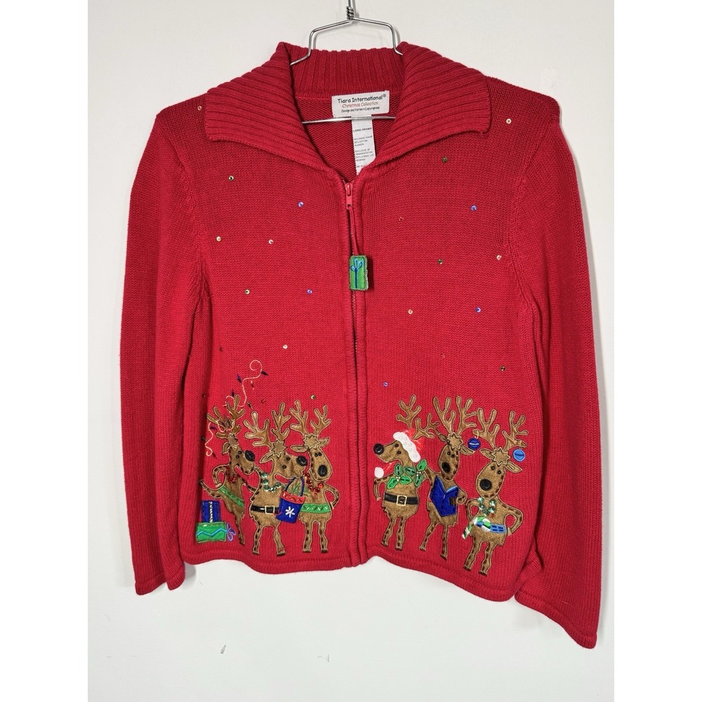 VTG Tiara International Red Full Zip Blingy Reindeer Ugly Christmas Sweater Sz L